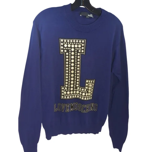 Royal Blue LOVE MOSCHINO Pearly Accent Cotton Sweater SZ Medium - Picture 2 of 7